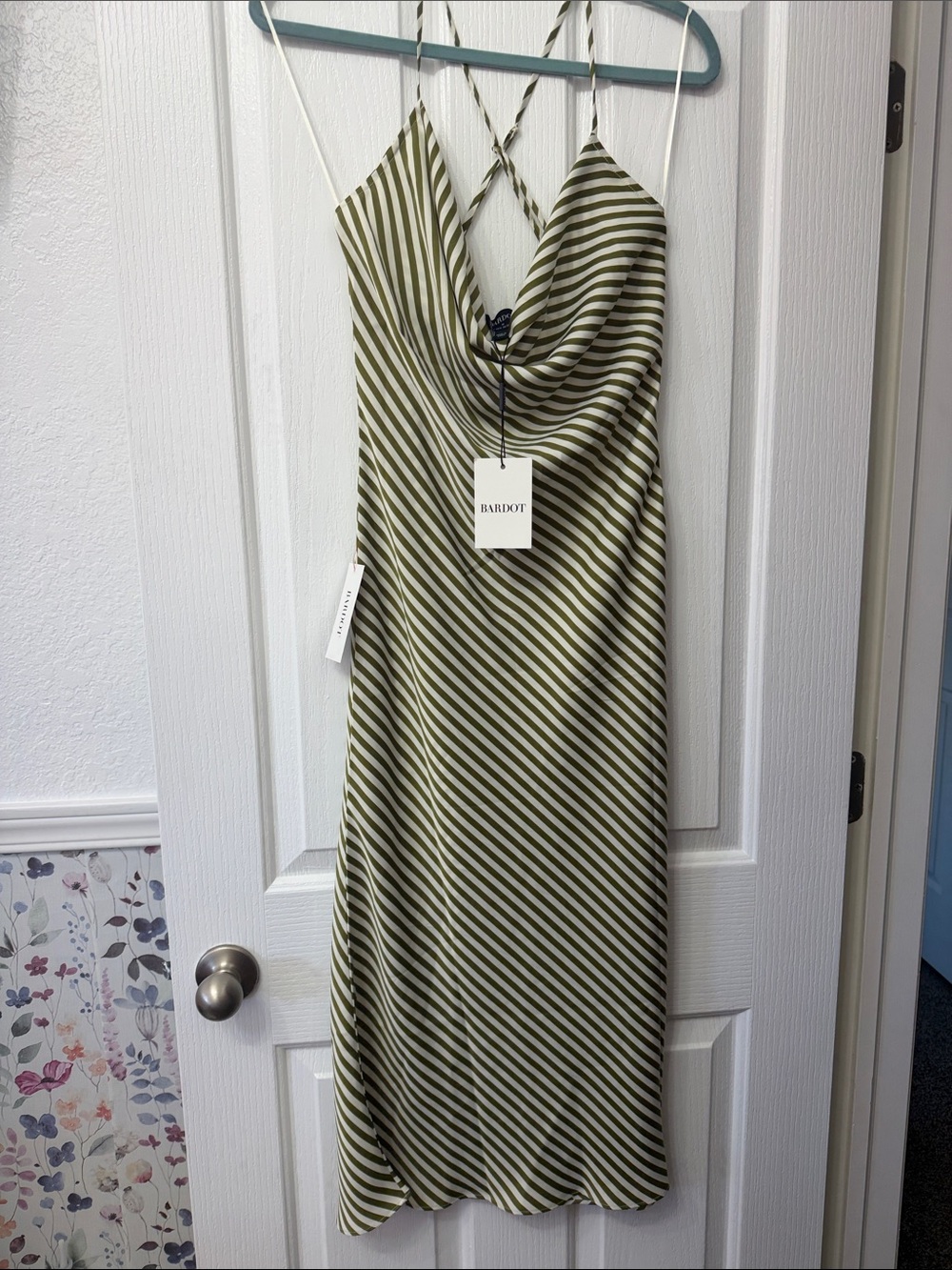 Bardot Olive and Cream Bias-Striped Cowl Slip Dress